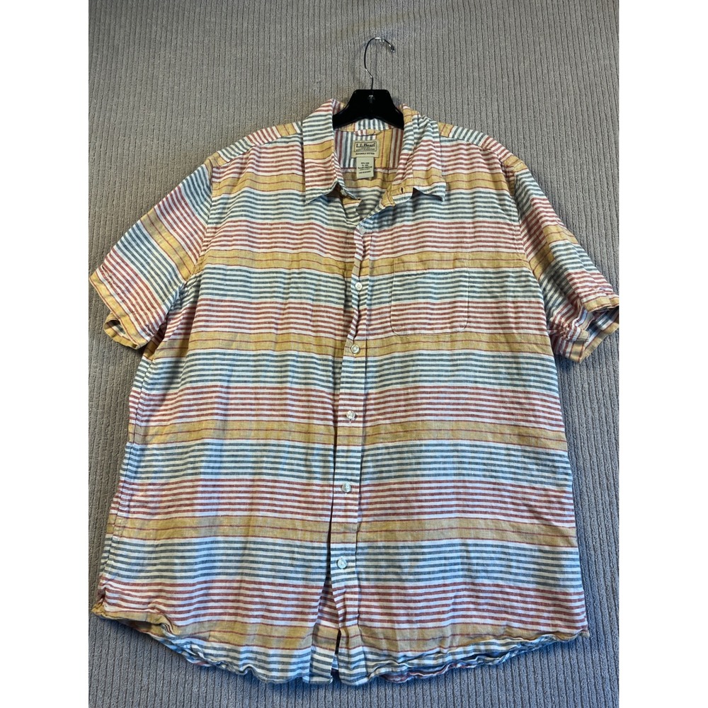 LL Bean Mens XL Linen Short Sleeve Shirt Slightly Fitted Striped Multi Button Up